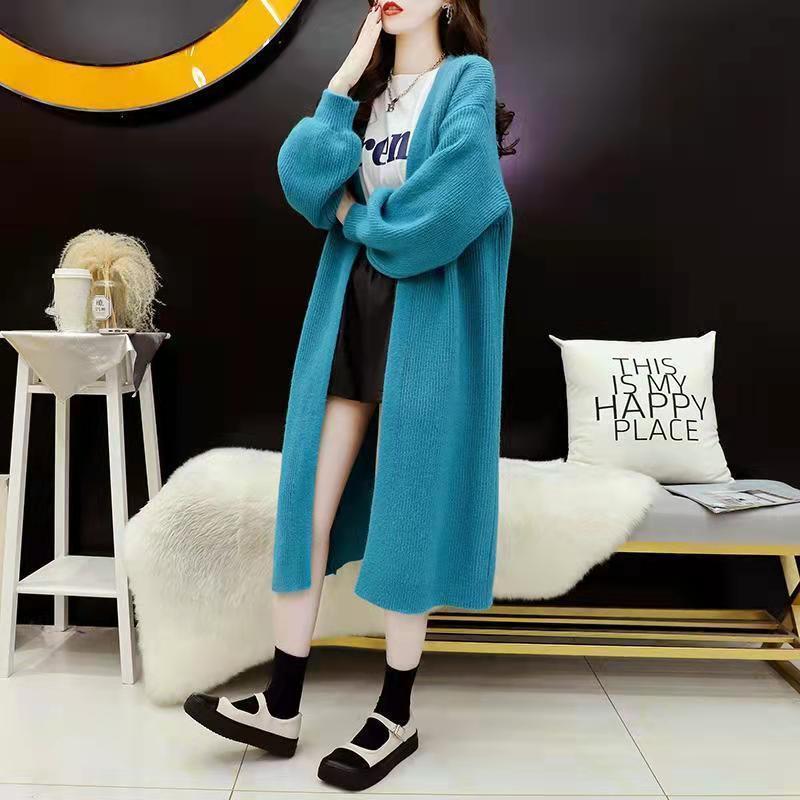 Mid-length Cardigan Sweater for Women's Autumn and Winter Wear Loose Large-sized Cardigan Long-sleeved Solid Color Knitted Coat