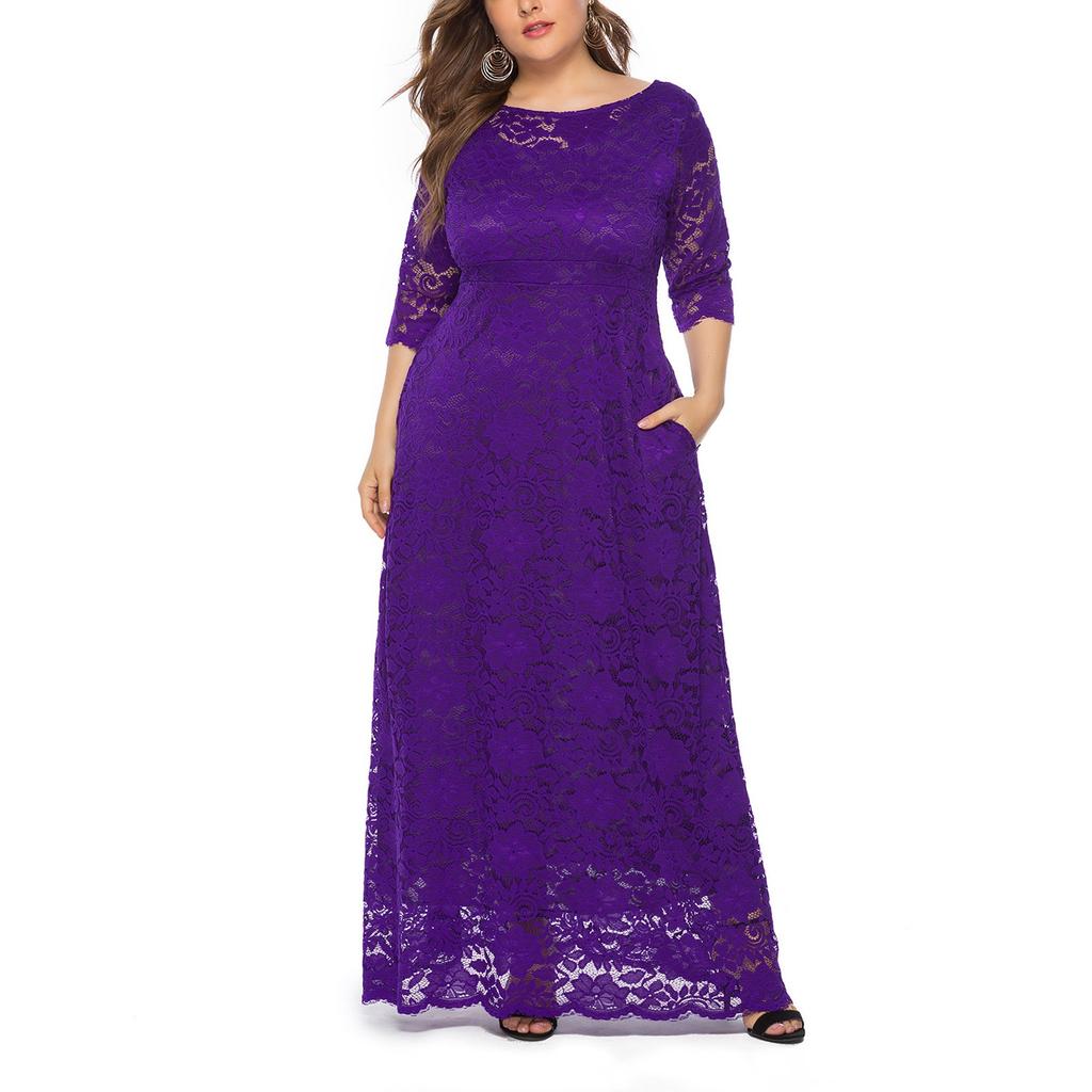 Satın alın Women's Sexy Large Solid Lace Round Neck Evening Dress High