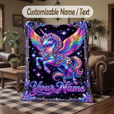 Unicorn Theme Throw Blanket Custom Name Text Personalized Blanket Soft Cozy Blanket for Home Sofa Bed