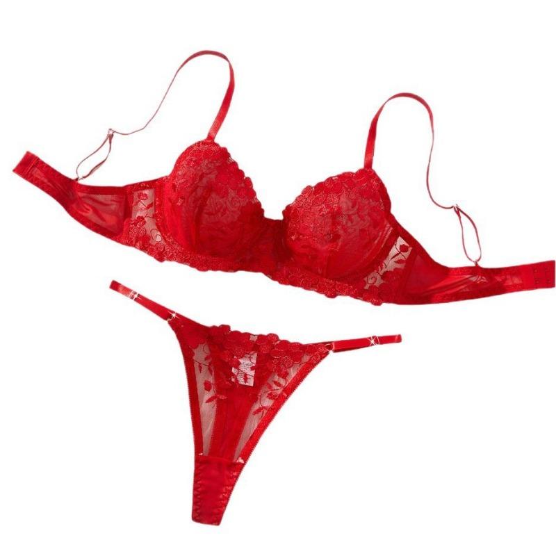 Sexy Red Pure Desire Thin Bra Perspective Mesh Embroidered Underwear Suit Women