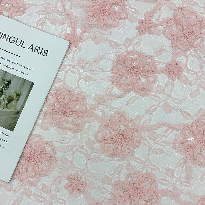 Pink Lace Fabric Roll with 3D Flower, Bead, and Sequin Embroidery for Children's Clothing Accessories