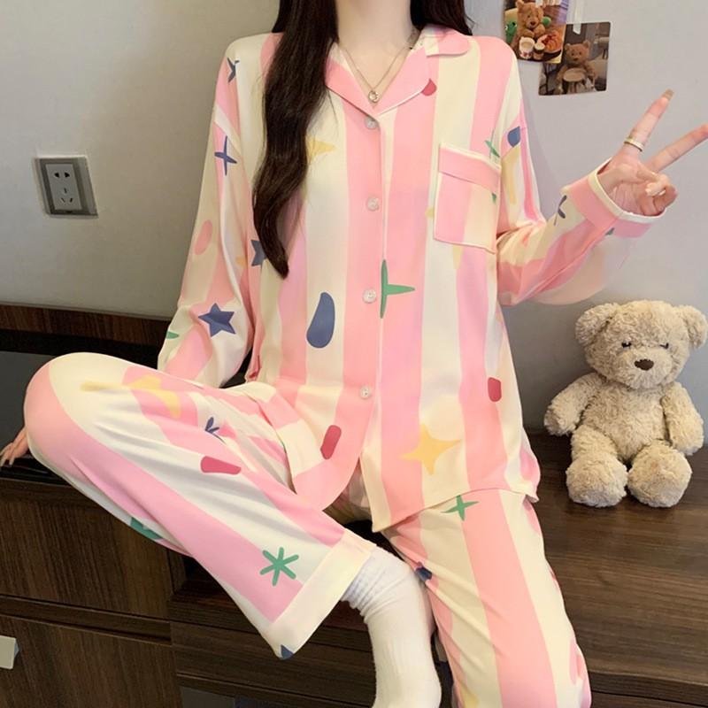 Womens Cute Cartoon Pajamas Set Long Sleeve Loose Loungewear Students Home Wear