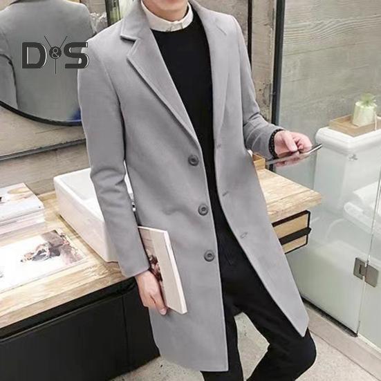 Men Fall Winter Coat Solid Color Lapel Mid Length Long Sleeve Cardigan Single Breasted Anti Wrinkle Business Formal Style Coat