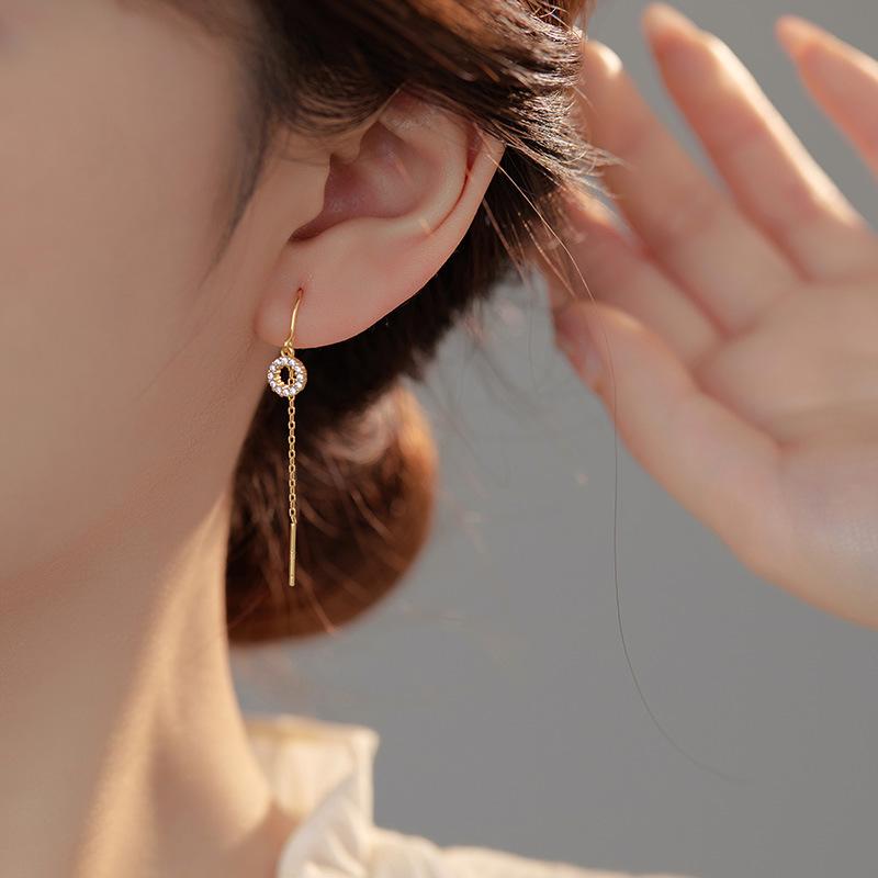 925 Sterling Silver Korejské Geometrické Zirkonové Visací Náušnice s Kruhovými Třásněmi pro Ženy Temperamentní Šperky