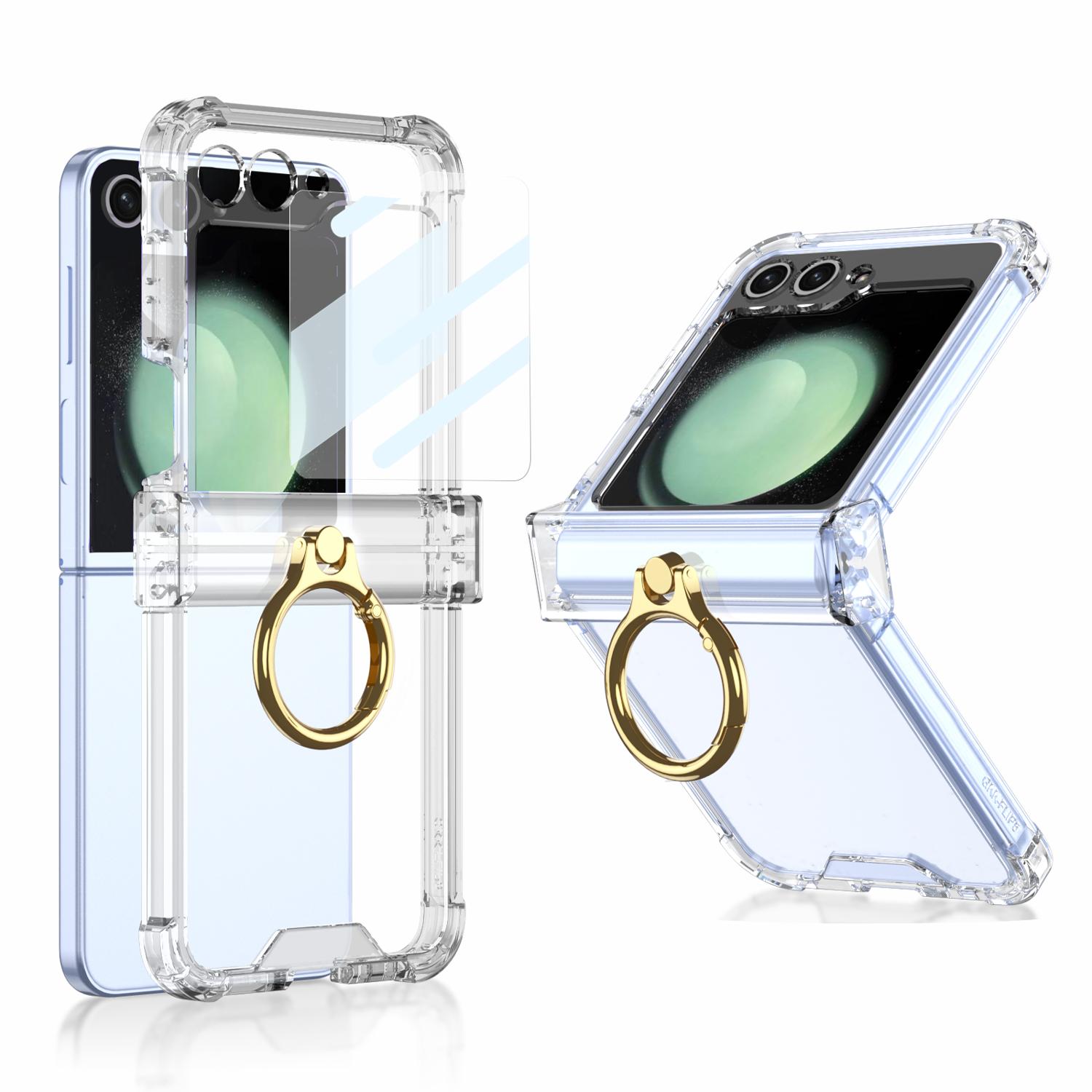 

For Samsung Galaxy Z Flip 5 Case Colorful Transparent Fold Hingle Ring Bracket Four Corner Shockproof Optional Mirror Film Cover