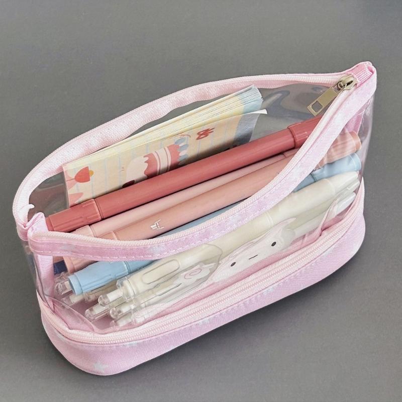 High Capacity Pencil Case 2 Compartment Pencil Pouches Clear Pencil Bag Portable Pencil Organiser Bag Travel Makeup Bag