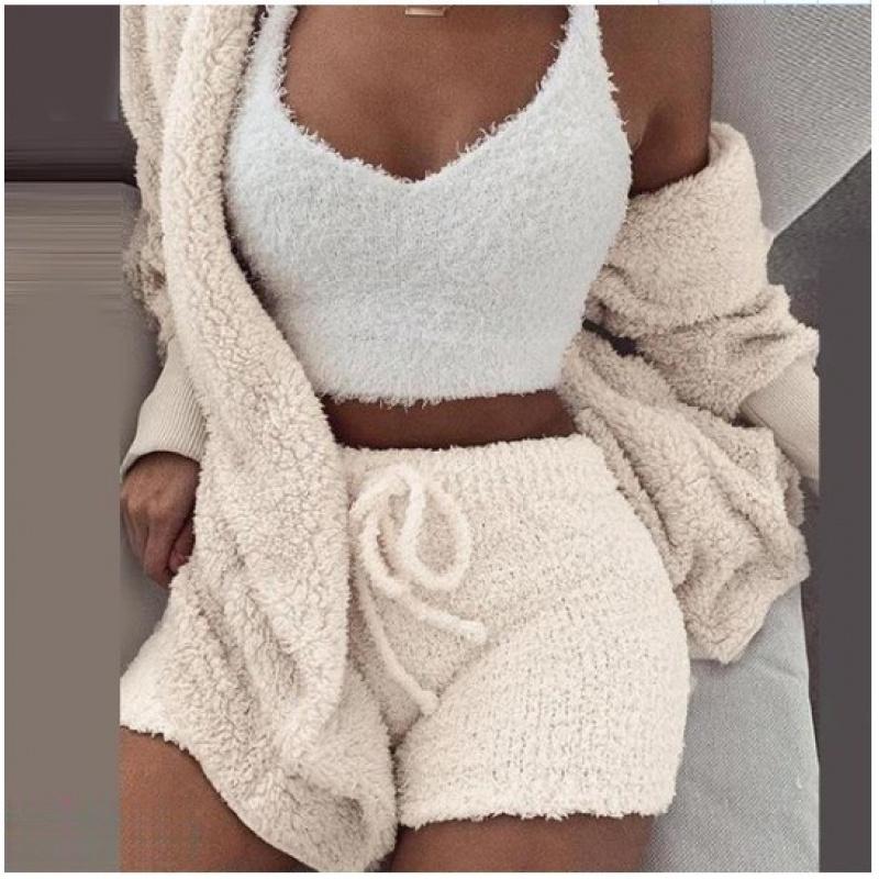 Damen Winter Plüsch Hauskleidung Lässiger 2-teiliger Pyjama Langarm Shorts Sportanzug für Damen