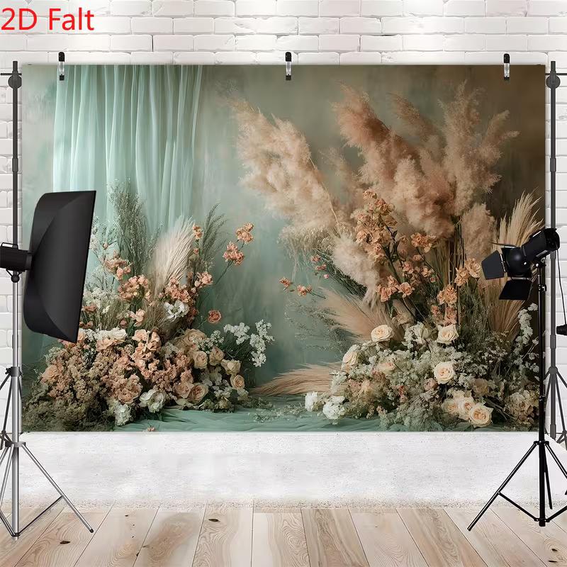 2D Boho Trockenblumen Hintergrund Vorhang in gedämpftem Grün für Studiofotografie