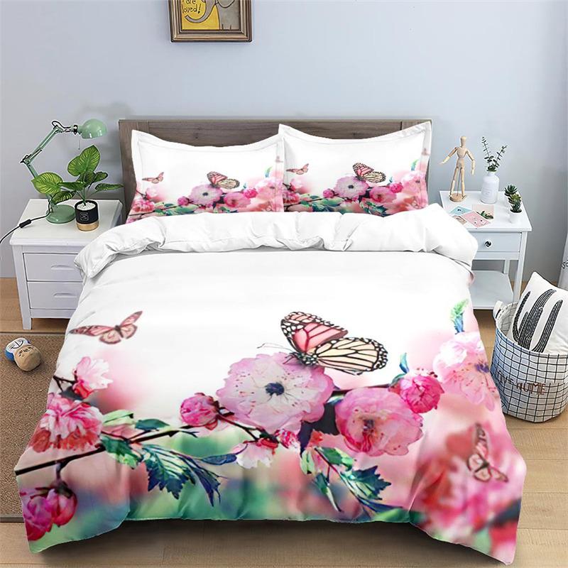 Soft Butterfly Floral Duvet Cover Queen Size For Adults Kids Girls Teens Bedroom Decor Flowers 3D Print Bedding Set Pillowcases