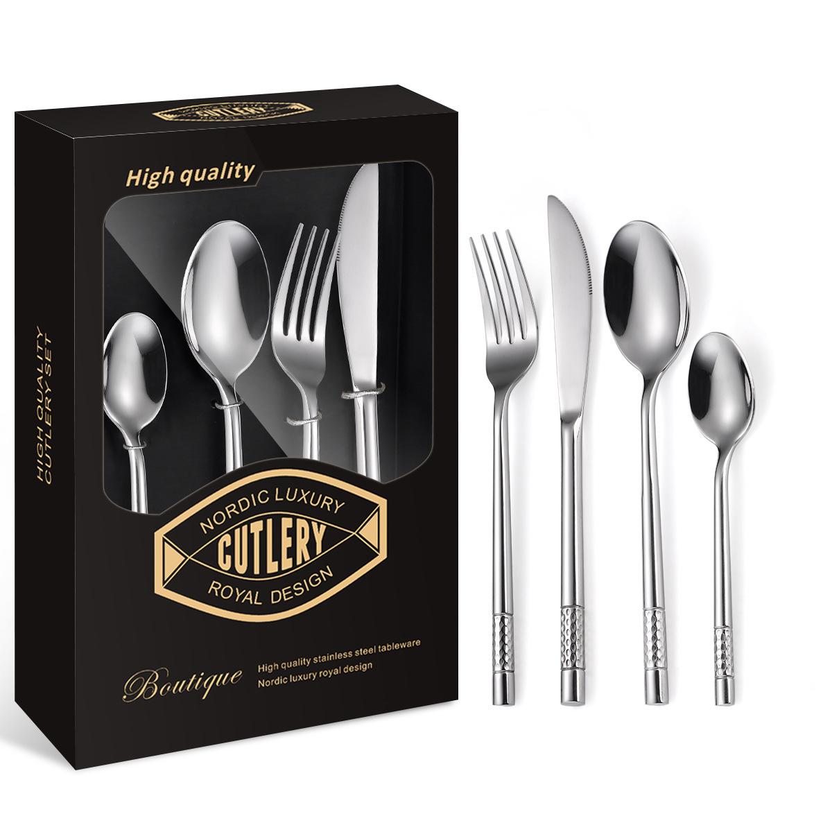 

Утолщенный набор столовых приборов из нержавеющей стали 430, набор из 24 предметов, подарочная коробка, домашний нож для стейка в западном стиле с молотком, вилка, ложка серебряный