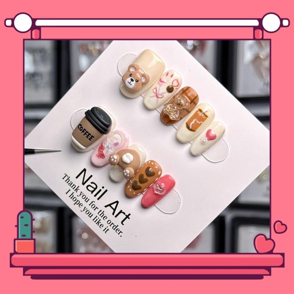 Coffee Bear Cartoon Cup Handmade Wearable Nail Piece Gentle Childrens Pattern