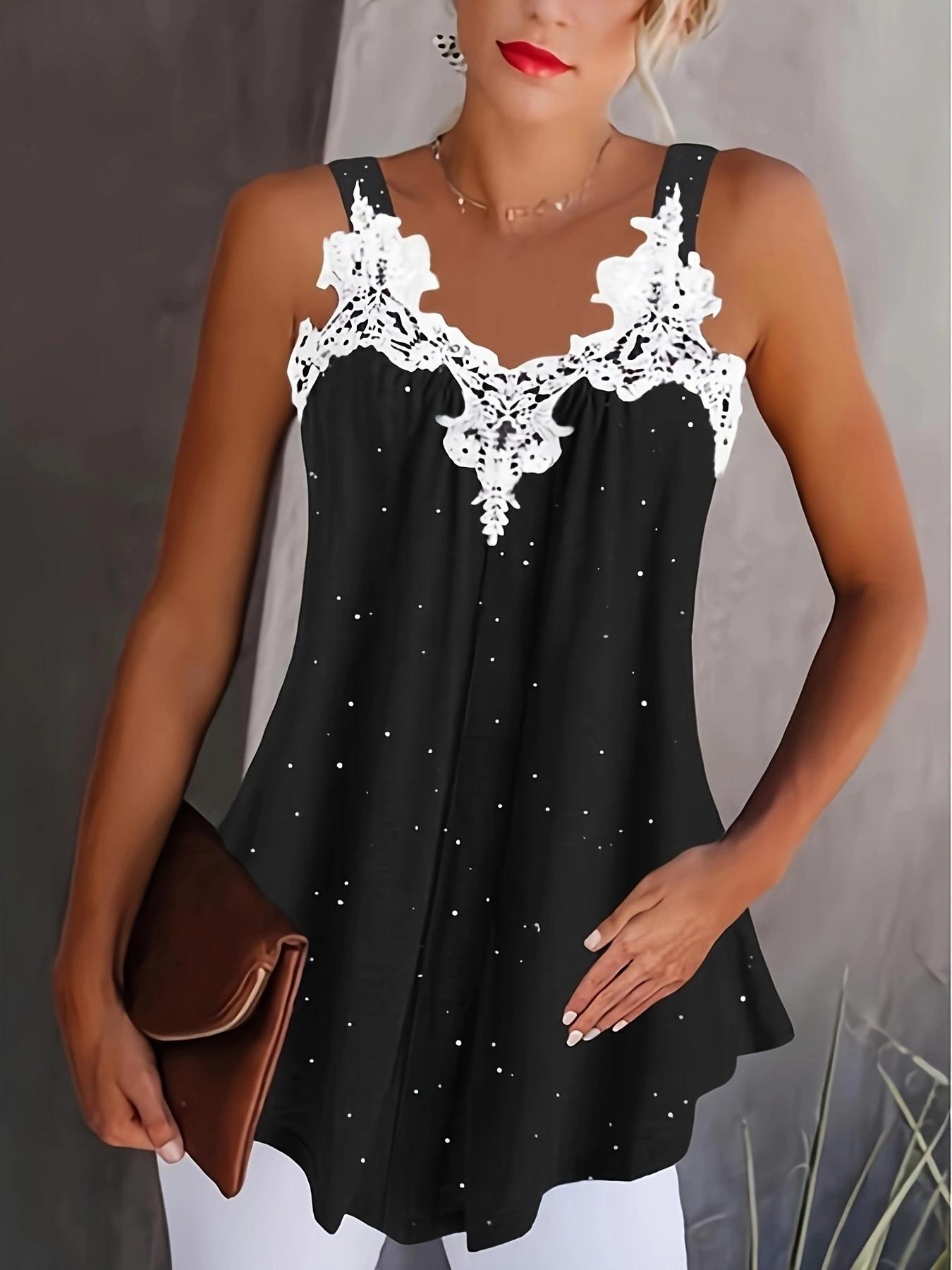 2024 summer new cross-border women s clothing Amazon wish casual suspender polka dot lace top women S чёрный
