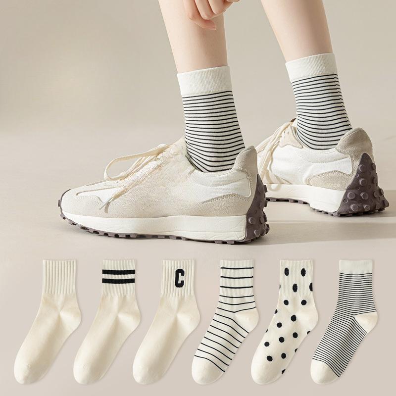 Women's Spring Mid-calf Socks, White Socks, Striped, Durable, Anti-pilling Long Socks, Casual Boneless Socks, Cotton Socks