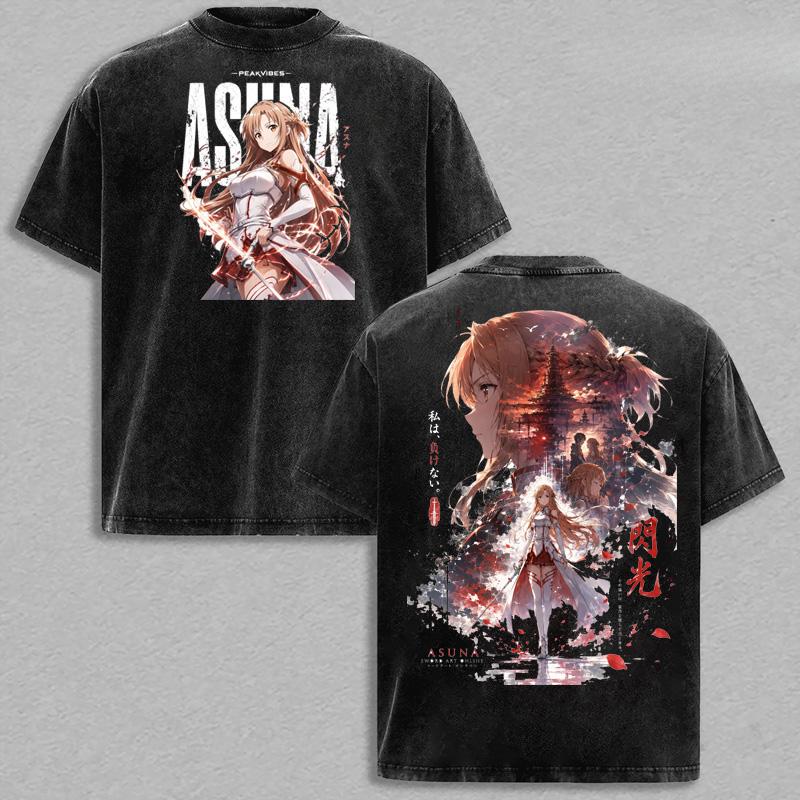 Anime Sword Art Online SAO Yuuki Asuna Wash Cotton T-Shirt Oversize Tee Shirt Printed Cotton Mens Casual Short Sleeve Tshirt