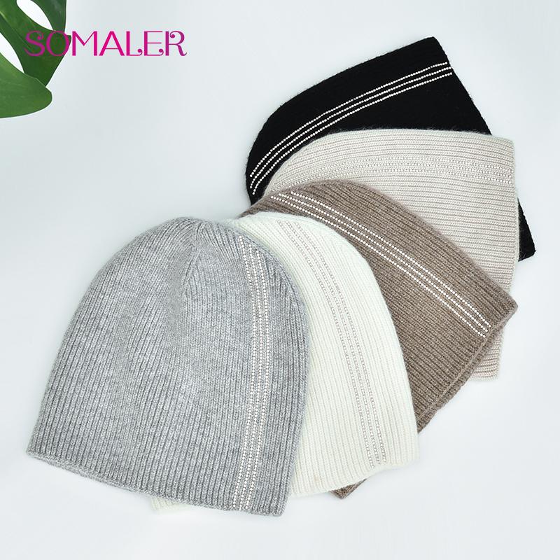 SOMALER Damen Winter Wollmütze Hochwertige Wolle Strickmütze mit Strass Dick Warm Doppellagig Outdoor Skull Caps