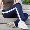 Unisex Dark Blue Striped Summer School Uniform Trousers for Students, Loose Straight-Leg Style