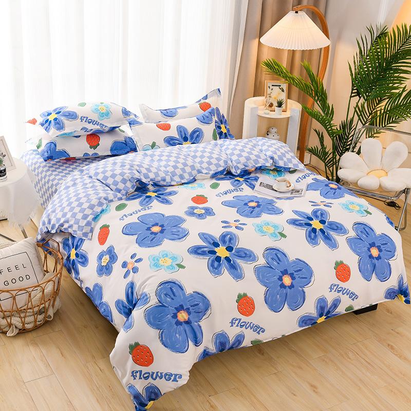 Modrý slunečnicový set přikrývky velikosti Queen Botanický květinový přehoz Plný Měkký ložní prádlo 4ks Černé sady přikrývek na postel Plný