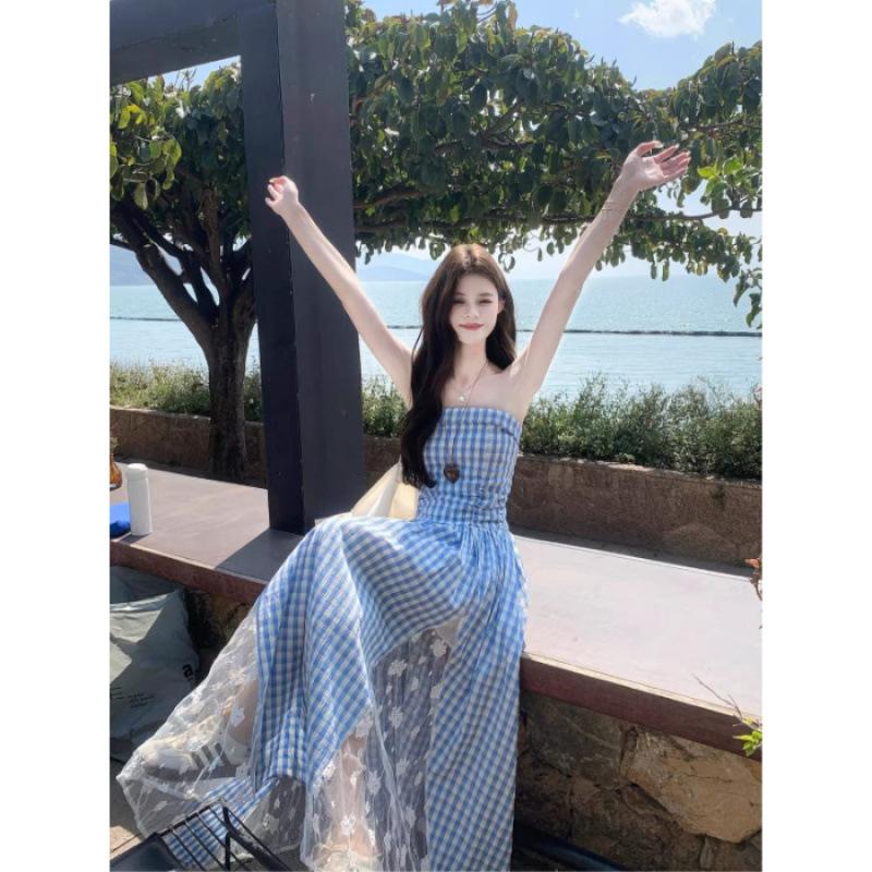 Holiday plaid lace splicing tube top dress summer temperament waist new thin retro dress S