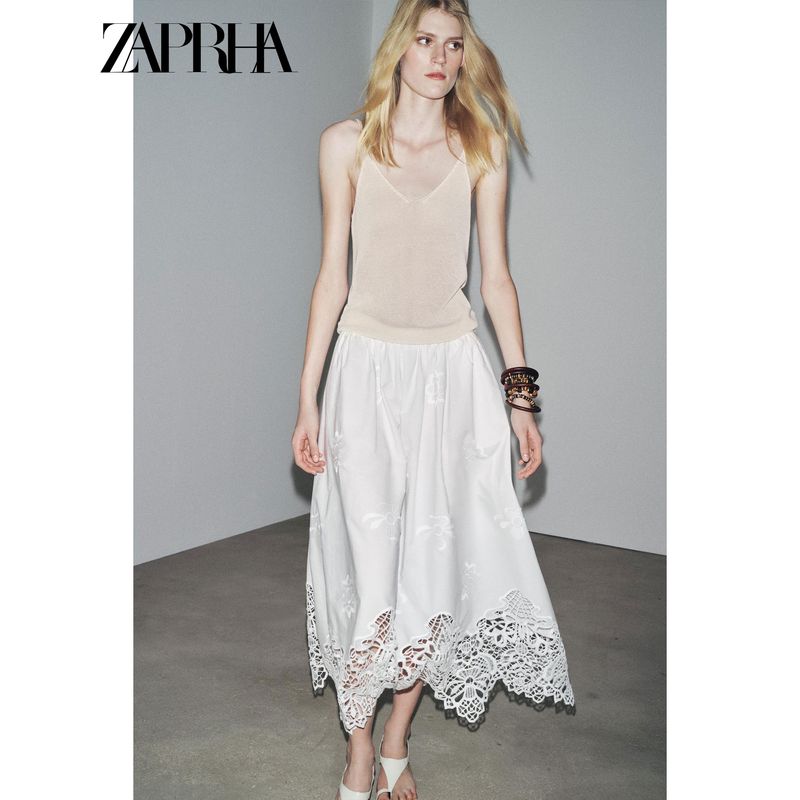 Zaprha 2025 Summer New Gentle Temperament Embroidery Hollow Midi Skirt Long Slimming 6303041