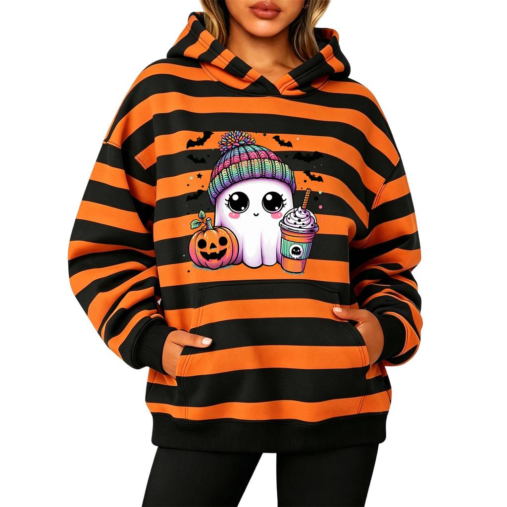 Women's Fashion Striped Print Long Sleeve Pullover Hoodie with Pockets for Halloween