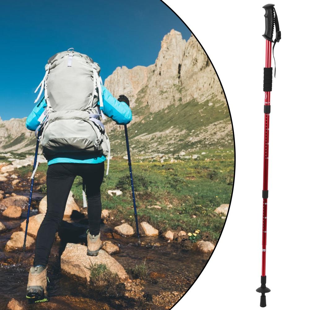 Outdoor Aluminium Alloy 4 Sections Suspension Straight Handle Trekking Pole Walking Stick Alpenstock for Climbing