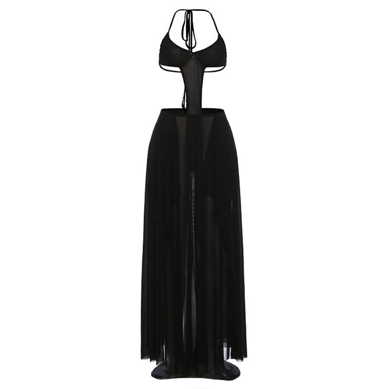 Summer New Sexy Perspective Mesh Stitching Waist Neck Dress S чёрный