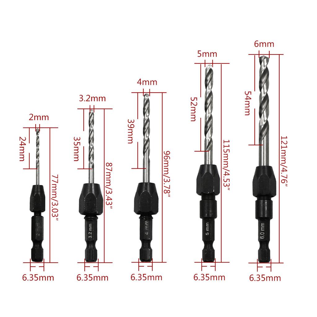 5Pieces Countersink Drill 6542 Cone Bit Set Quick Change Hex Shank Woodworking Screw Reame Metric 2mm To 6mm Drill Bit