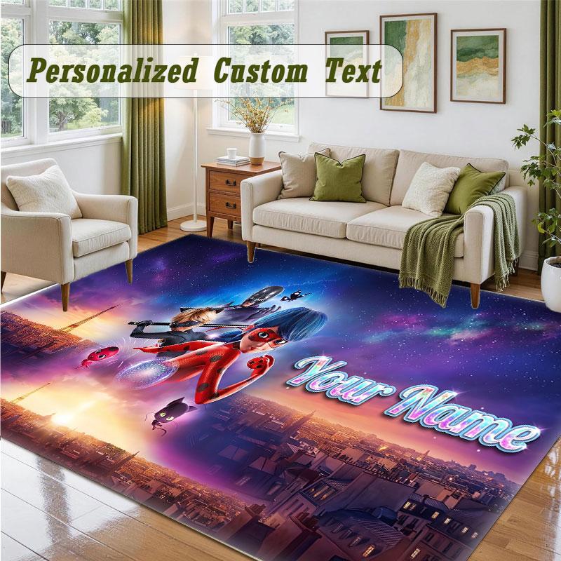 Crystal Velvet Square Rug Custom NameMiraculous Ladybug Pattern Non Slip Home Floor Decor Rug