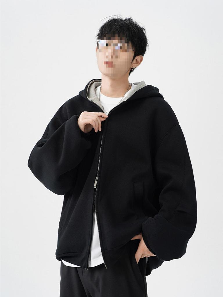 Men's Heavyweight Double Zipper Hooded Sweatshirt Jacket - Cool, Thickened Autumn Winter Color Block Casual Cardigan