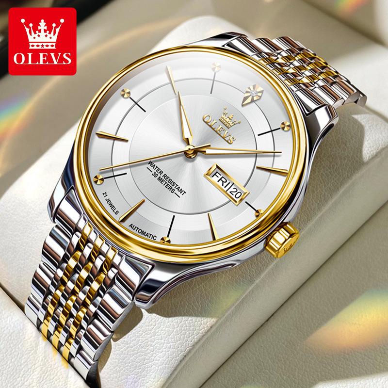 Часы OLEVS, простые механические часы с двойным календарем, новые модные водонепроницаемые мужские часы, мужские часы