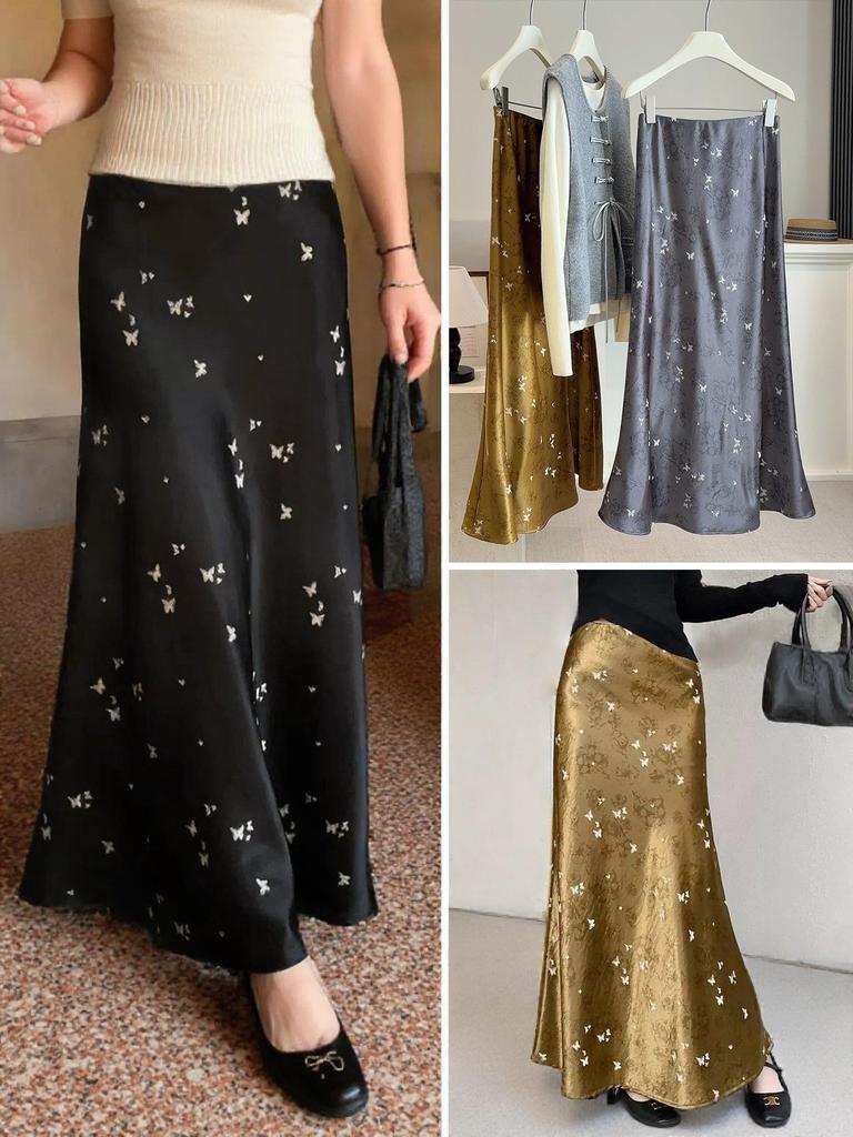 2026 Spring Women's High-Waist Mermaid Skirt: Chinese Style Butterfly Print & Slimming Satin