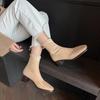 Fashion 2025 Fashion Women Shoes Genuine Leather Short Boots Square Toe Chunky Heel Winter Stretch Modern Women Boots Solid High Heels