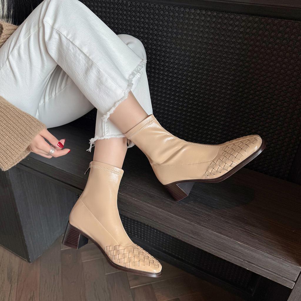 Fashion 2025 Fashion Women Shoes Genuine Leather Short Boots Square Toe Chunky Heel Winter Stretch Modern Women Boots Solid High Heels