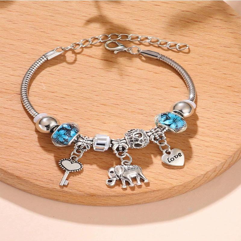 [Handmade Beaded Bracelet with Elephant Pendant Heart Key and Crystal Beads Jewelry]