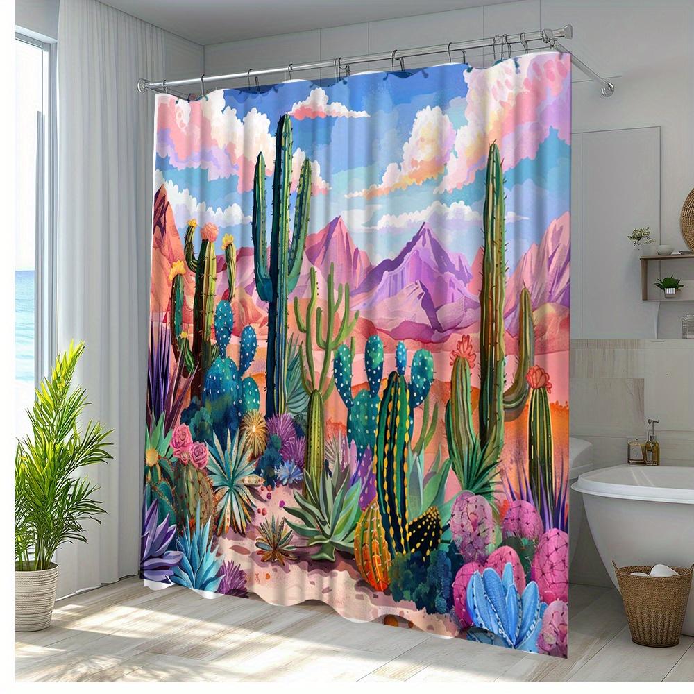 1Pc Desert Landscape Cactus Shower Curtain - Vibrant Colorful Nature Design, Durable Polyester Fabric, 70.8X70.8 Inches