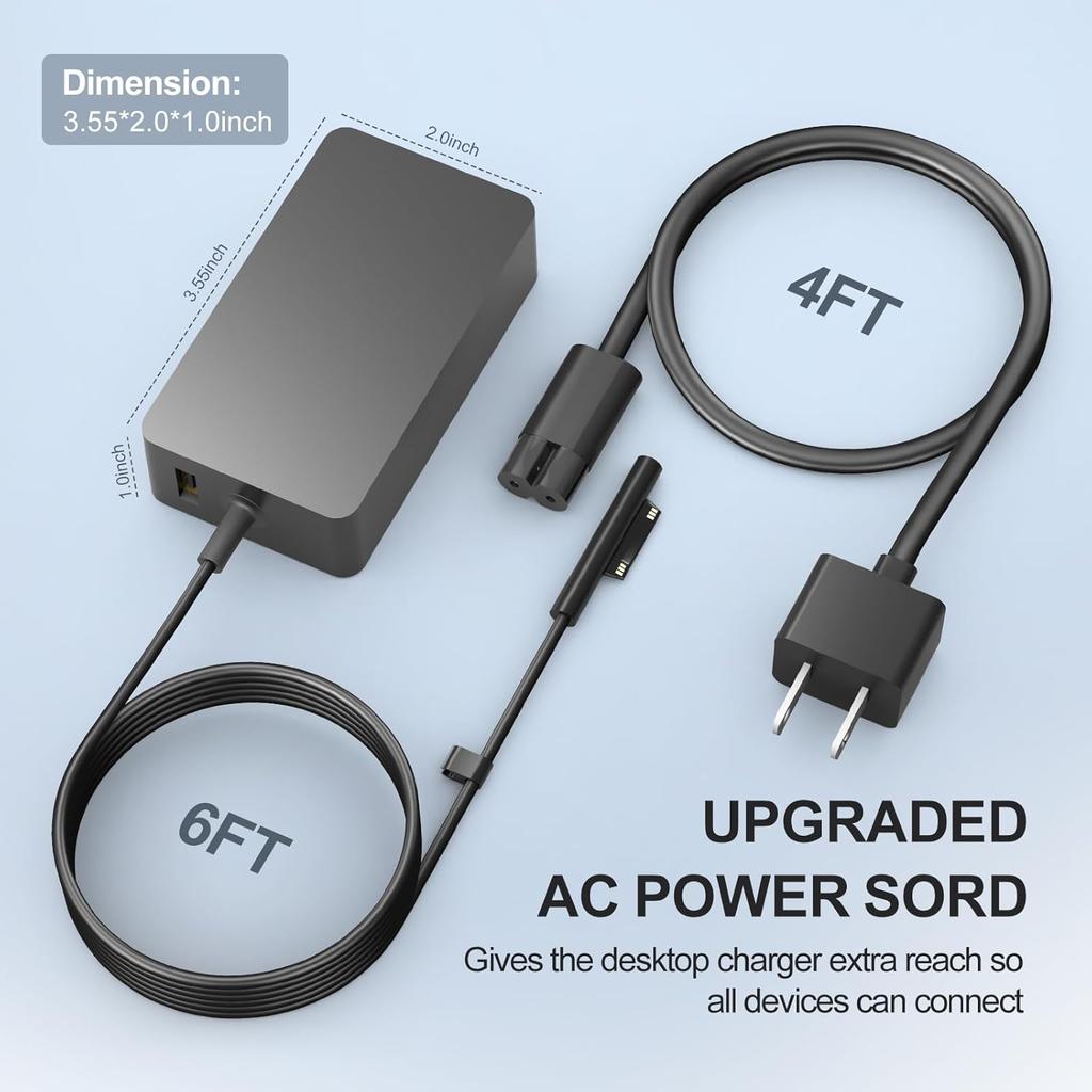 65W Surface Pro Laptop Charger for Microsoft Surface Pro 9, 8, 7+, 7, 6, 5, 4, 3, X, Surface Laptop 5 Studio i5 Go 3 2, Surface Go 4 3 2 1, Surface