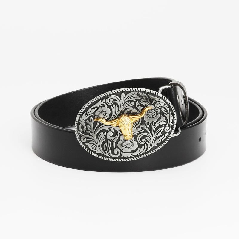 Fashion Personality Western Denim Belt Gold Plated Retro Cow Head Belt Men's Cow Leather Belt