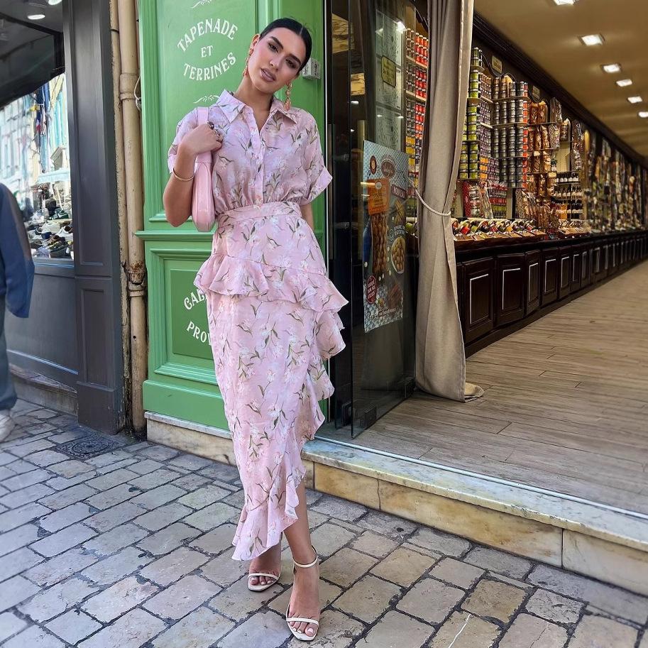 Spot Temperament Printed Lotus Leaf Edge Irregular Hem Sexy Dress Spring New European Beautiful Woman