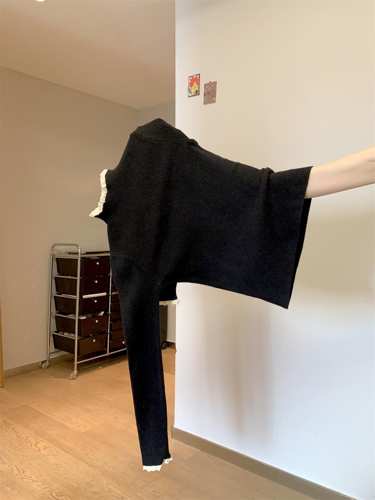 

Lace semi-turtleneck knitted sweater women s autumn and winter slim-fitting and thin shoulder long-sleeved bottoming sweater basic top L чёрный