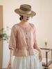 Women's Artistic Embroidered Linen Shirt - Summer 2026, Round Neck, Pleated, Loose Fit, 3/4 Sleeves, Chinese Style.