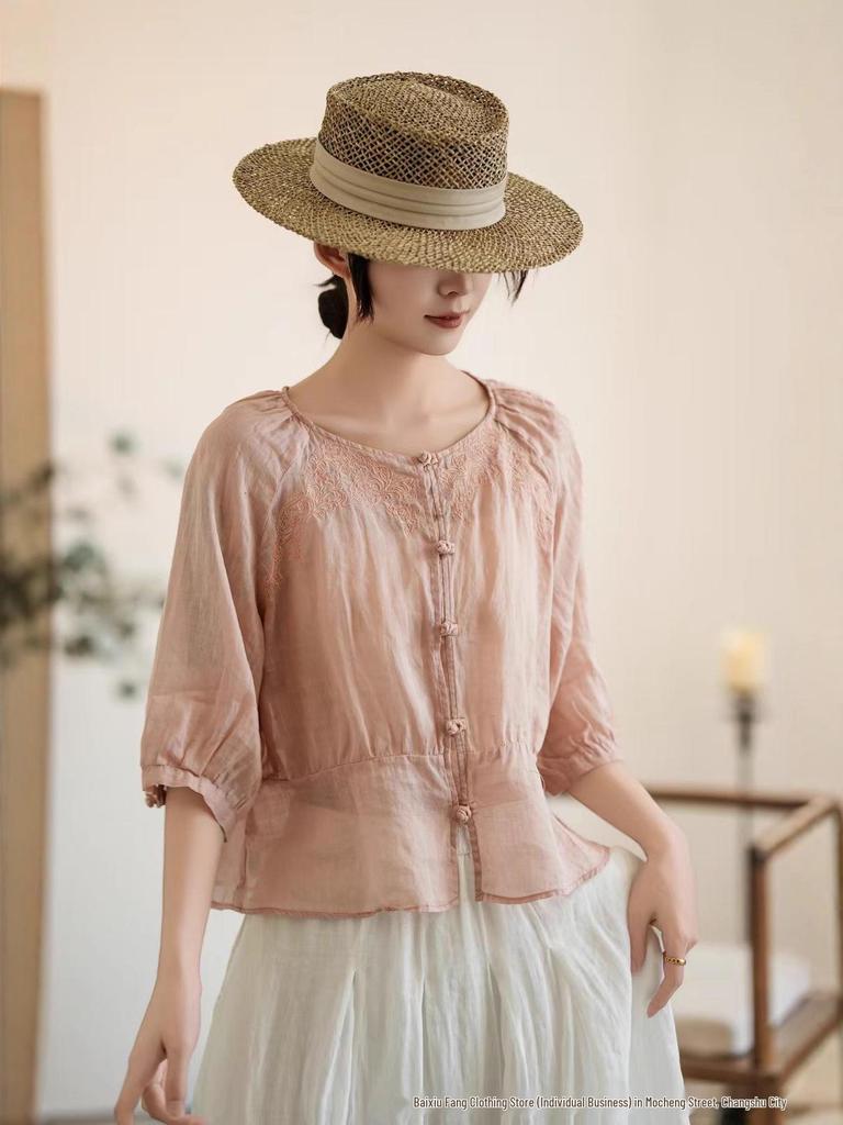 Women's Artistic Embroidered Linen Shirt - Summer 2026, Round Neck, Pleated, Loose Fit, 3/4 Sleeves, Chinese Style.