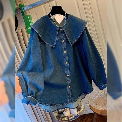 College Style Retro Doll Collar Denim Shirt for Women In Spring and Autumn, Small Stature, High-end and Good-looking Top