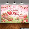 2D Pink Strawberry Cake Baby First Birthday Photography Background
