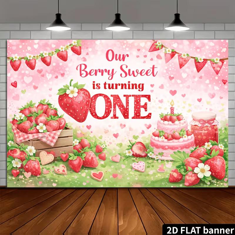 2D Pink Strawberry Cake Baby First Birthday Photography Background