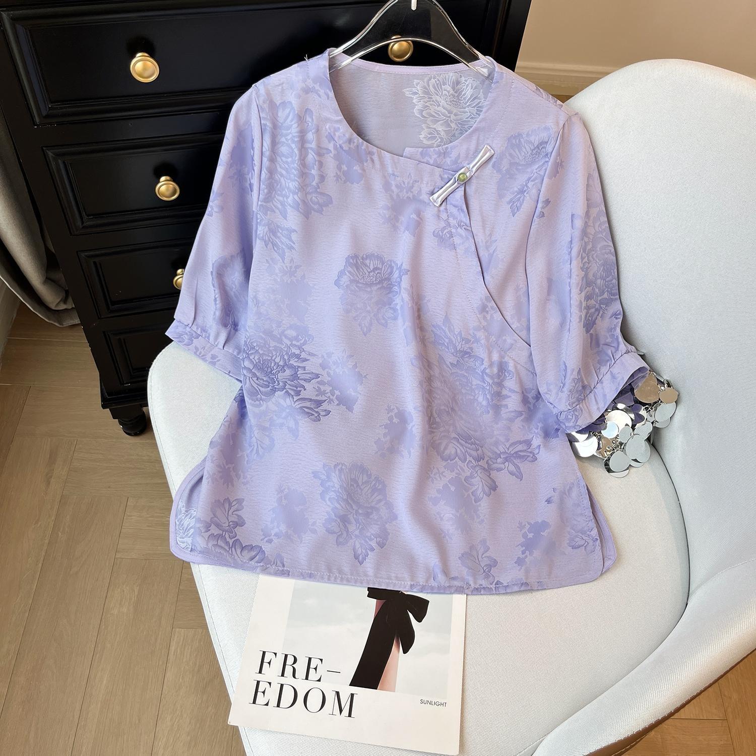 

Нишевая шикарная фиолетовая рубашка с коротким рукавом на пуговицах женская 2025 лето новая свободная и тонкая высококачественная блузка 3XL ([Recommended 138-75kg]) фиолетовый