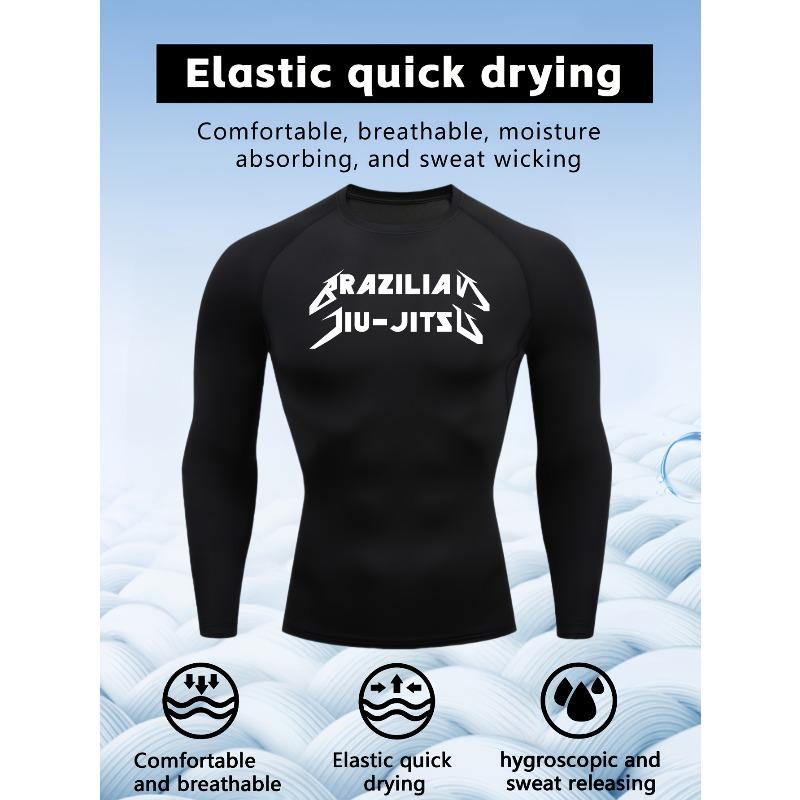 Men's Black Long Sleeve Brazilian Jiu-Jitsu Print Compression Rash Guard, Elastic Quick Drying Breathable Moisture Wicking BJJ & MMA Training Top