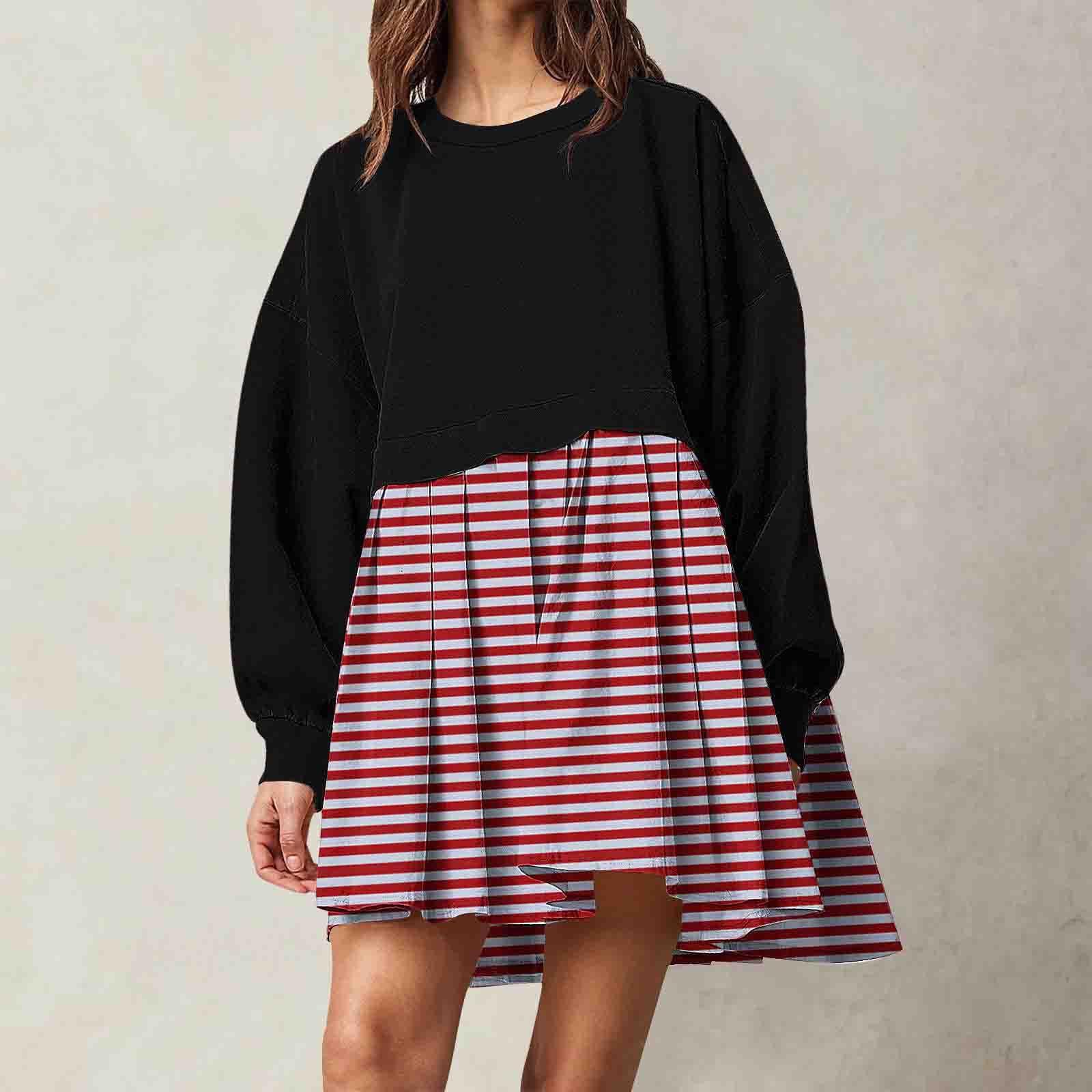 

Женская мода повседневная круглая горловина длинный рукав пэчворк пуловер свитшот принтованные платья XS арбуз красный