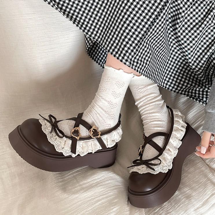 French retro heightening platform small leather shoes spring versatile British style round head Mary Jane single shoes