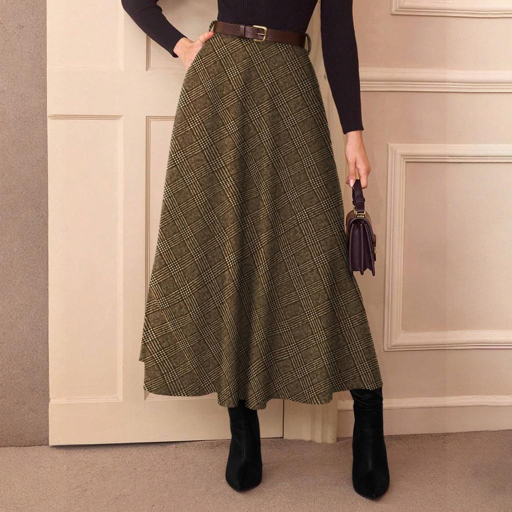 Women Flared Vintage High Waist A Line Tartan Skirts With Pockets Plaid Skirts