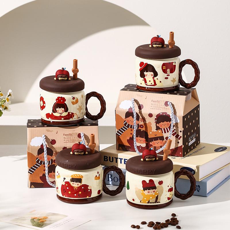 Parent Child Time Family Ceramic Water Cup High Value Gift Set Retro Cute Style Mug Holiday Gift